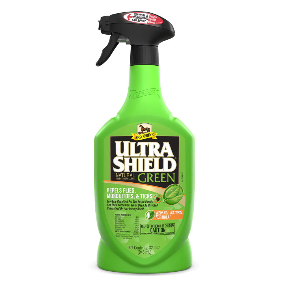 Front view of a 32 oz bottle of Absorbine Ultrashield Green Natural Fly Repellent Spray on a white background