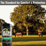 Inforgraphic of horses grazing in a pasture wearing fly maskes in the background and a cannister of the Absorbine UltraShield Fly Mask With Ears in size Horse in the foreground