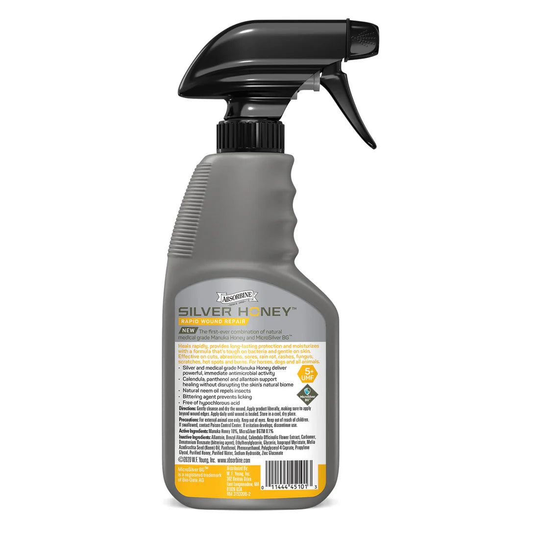 Back view of an 8 oz bottle of Silver Honey Rapid Wound Repair Spray Gel on a white background