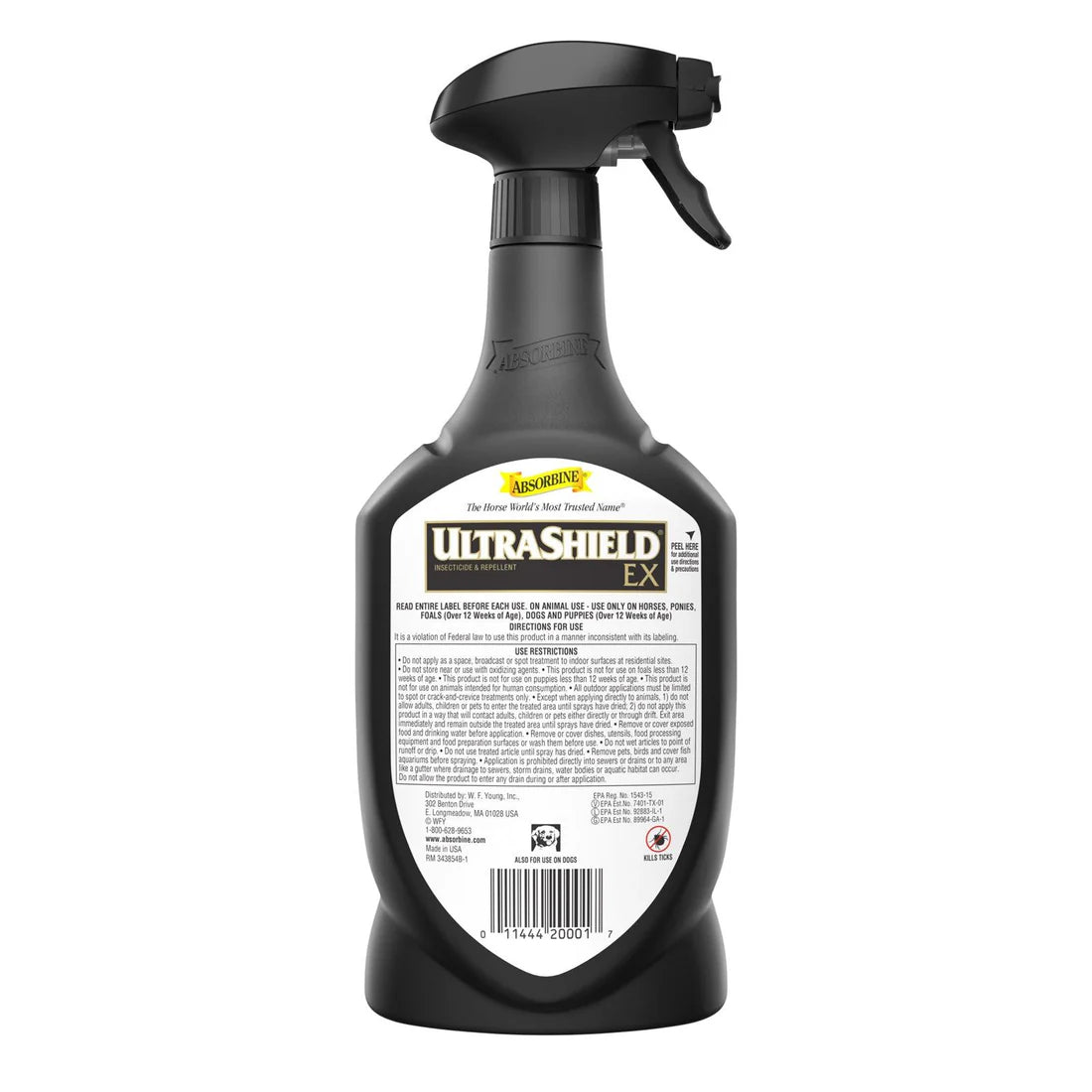 Back view of a 32 oz bottle of Absorbine Ultrashield EX Insecticide & Repellent Spray on a white background