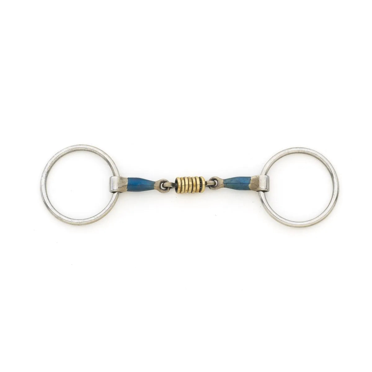 Full view of the Centaur Blue Steel Double Jointed Mouth Loose Ring Bit with Brass Rollers on a white background