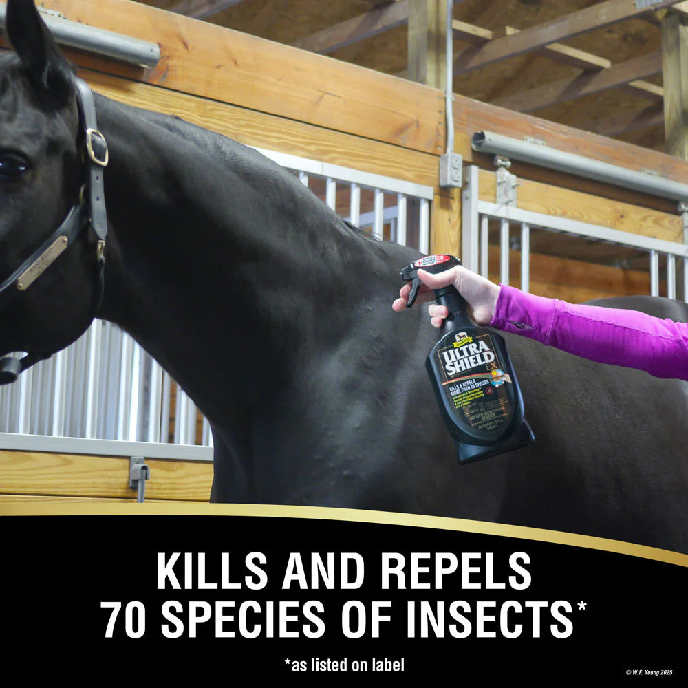 Infographic showing someone spraying a black horse in a barn with Absorbine Ultrashield EX Insecticide & Repellent Spray
