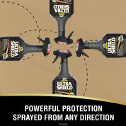 Infographic of 4 Absorbine Ultrashield EX Insecticide & Repellent Spray bottles laid down in various directions on a brown background