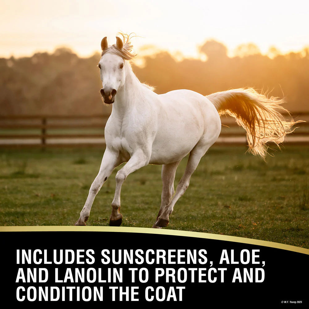 Infographic showing the ingredients of the Absorbine Ultrashield EX Insecticide & Repellent Spray and a white horse running in a pasture in the background