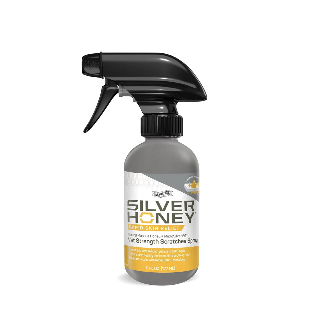 Front view of a 6 oz bottle of Absorbine Silver Honey Scratches Spray on a white background