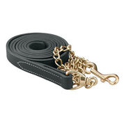 View of the black and brass Perri's 1" Leather Lead With Chain on a white background