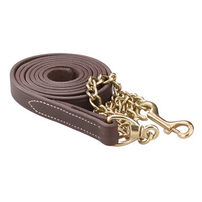View of the havana and brass Perri's 1" Leather Lead With Chain on a white background