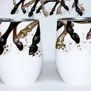 Side by side front and back views of the The Traveled Lane Horse Legs Wine Tumbler on a white background