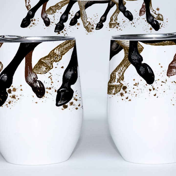 Side by side front and back views of the The Traveled Lane Horse Legs Wine Tumbler on a white background