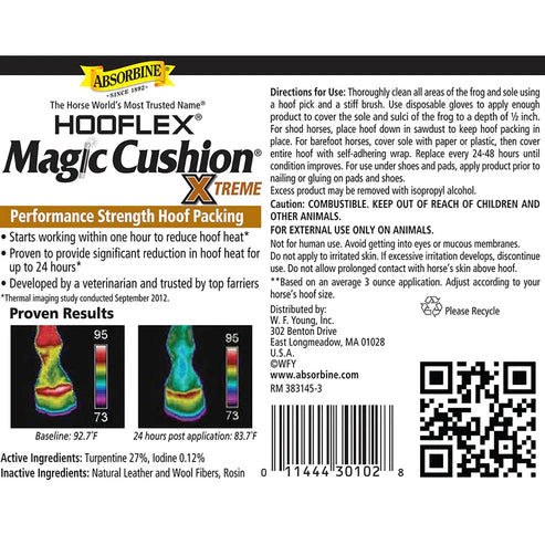 View of the label for the Absorbine Hooflex Magic Cushion Xtreme Hoof Packing