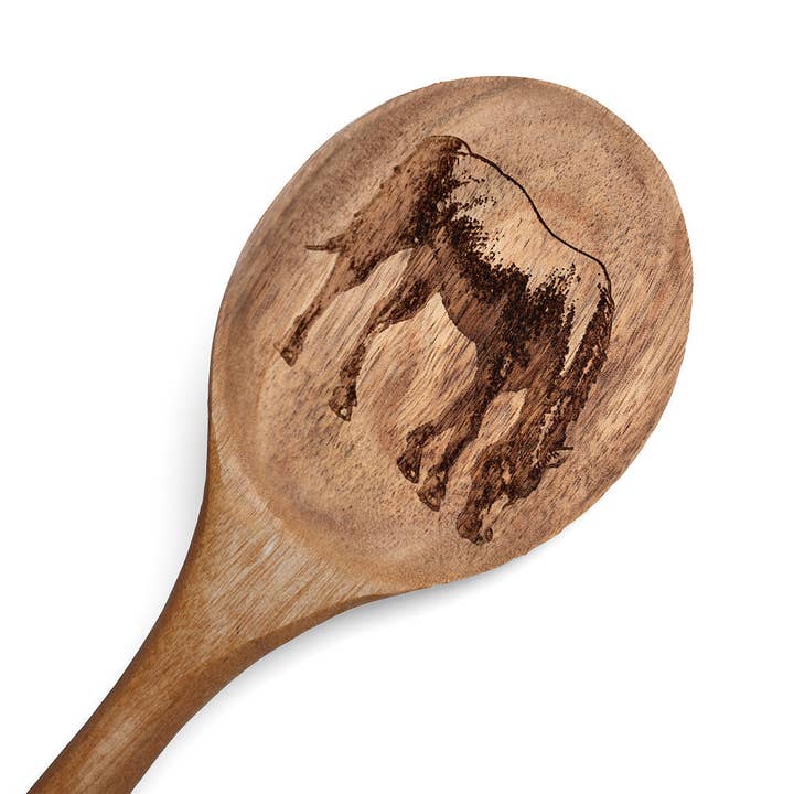 Close-up view of the Blue Stallion Farm Rocky Acacia Wood Spoon on a white background