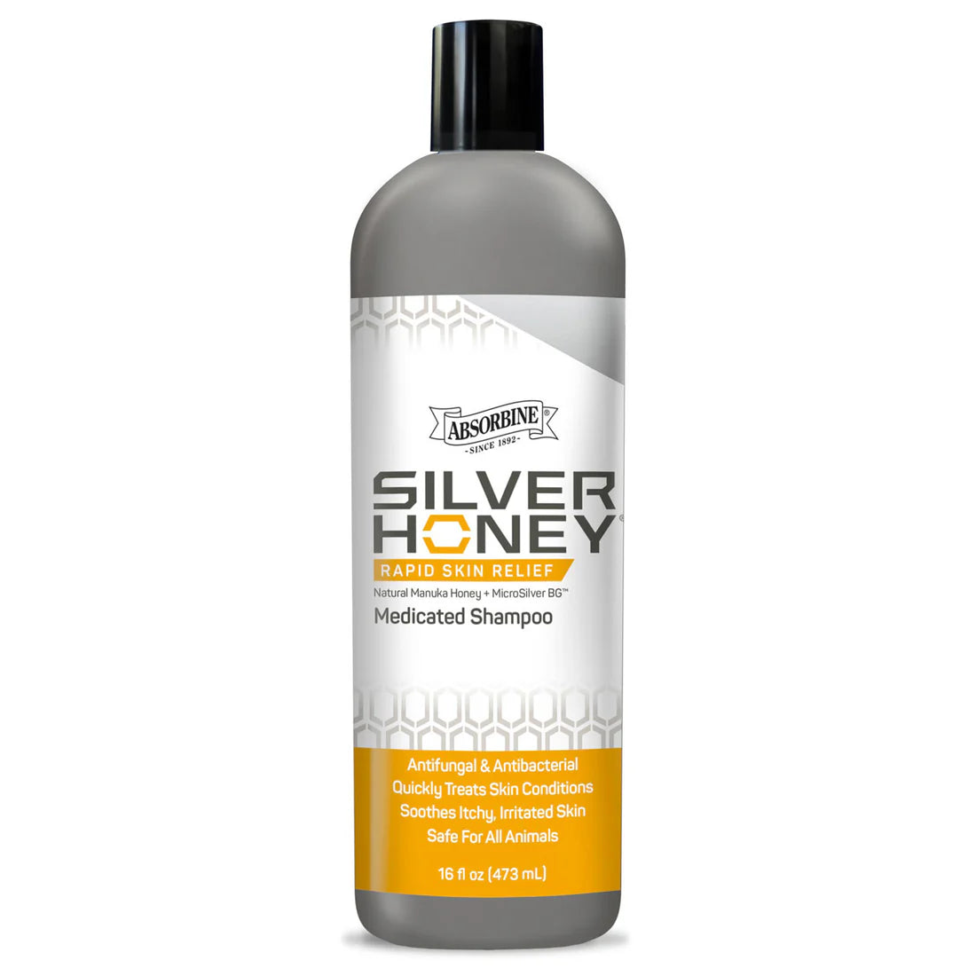 Front view of a 16 oz bottle of Silver Honey Medicated Shampoo on a white background