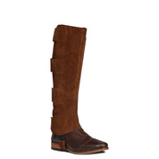 Angled front view of the brown Ovation EZE Tab Suede Half Chaps over a brown boot on a white background