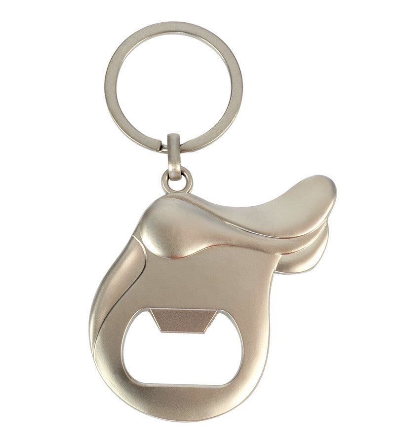 Front view of the Jacks Saddle Bottle Opener Keychain on a white background