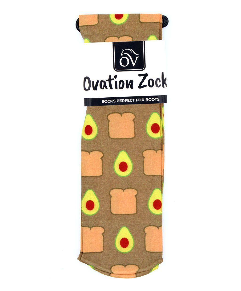 Front view of a package of Avacado Toast Ovation Zocks Boot Socks on a white background