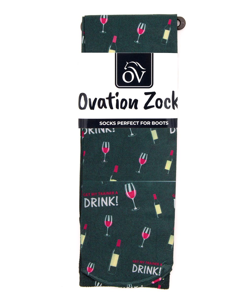 View of a package of Get My Trainer A Drink Ovation Zocks Boot Socks on a white background