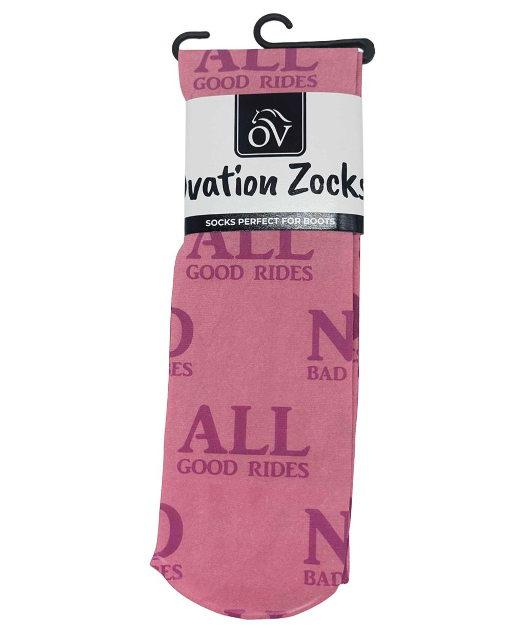 Front view of a package of No Bad Vibes Ovation Zocks Boot Socks on a white background