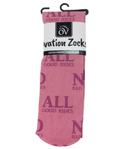 Front view of a package of No Bad Vibes Ovation Zocks Boot Socks on a white background