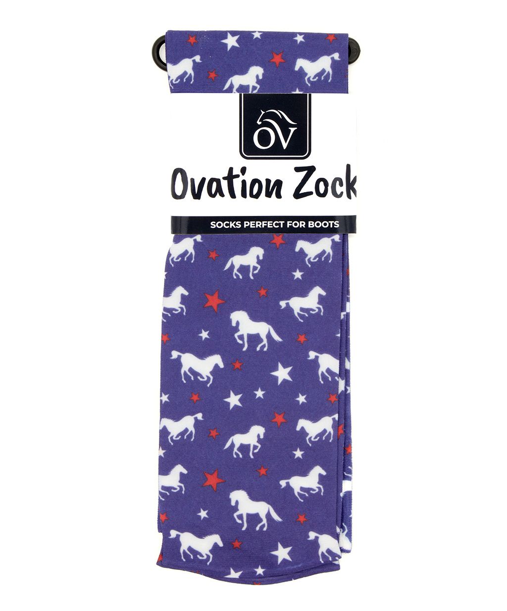 Front view of a package of Stars & Horses Ovation Zocks Boot Socks on a white background