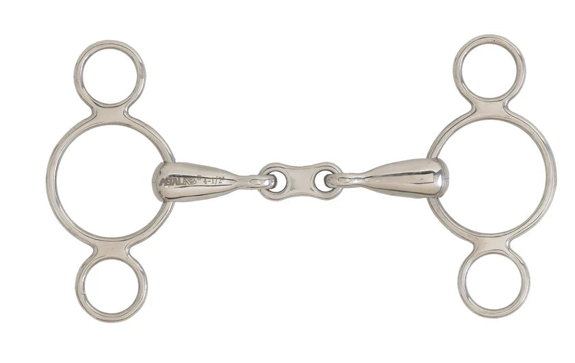 Full view of the Centaur Pessoa 2-Ring French Mouth Elevator Gag Bit on a white background