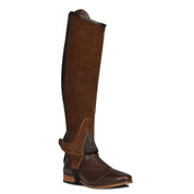 Angled front view of the brown Ovation Pro Suede Ribbed Half Chap on a white background