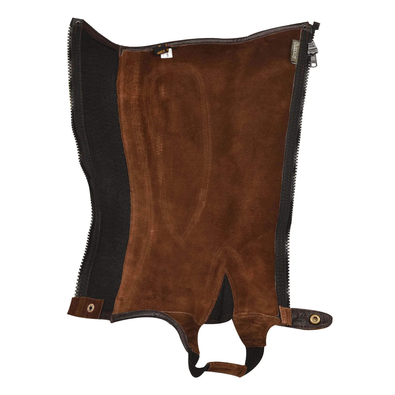 Interior view of the brown Ovation Pro Suede Ribbed Half Chap on a white background