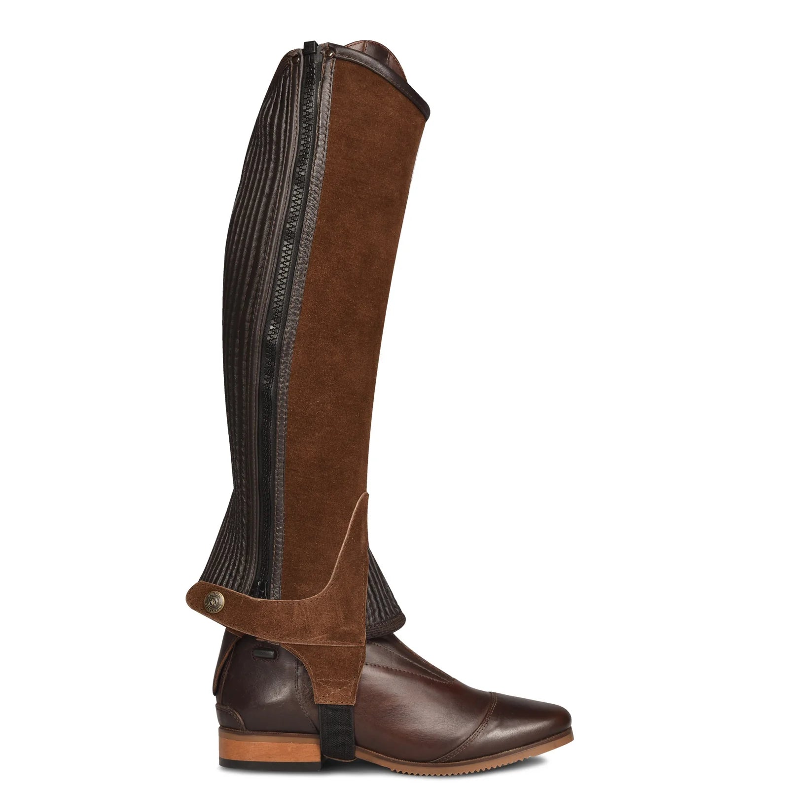 Side view of the brown Ovation Pro Suede Ribbed Half Chap on a white background