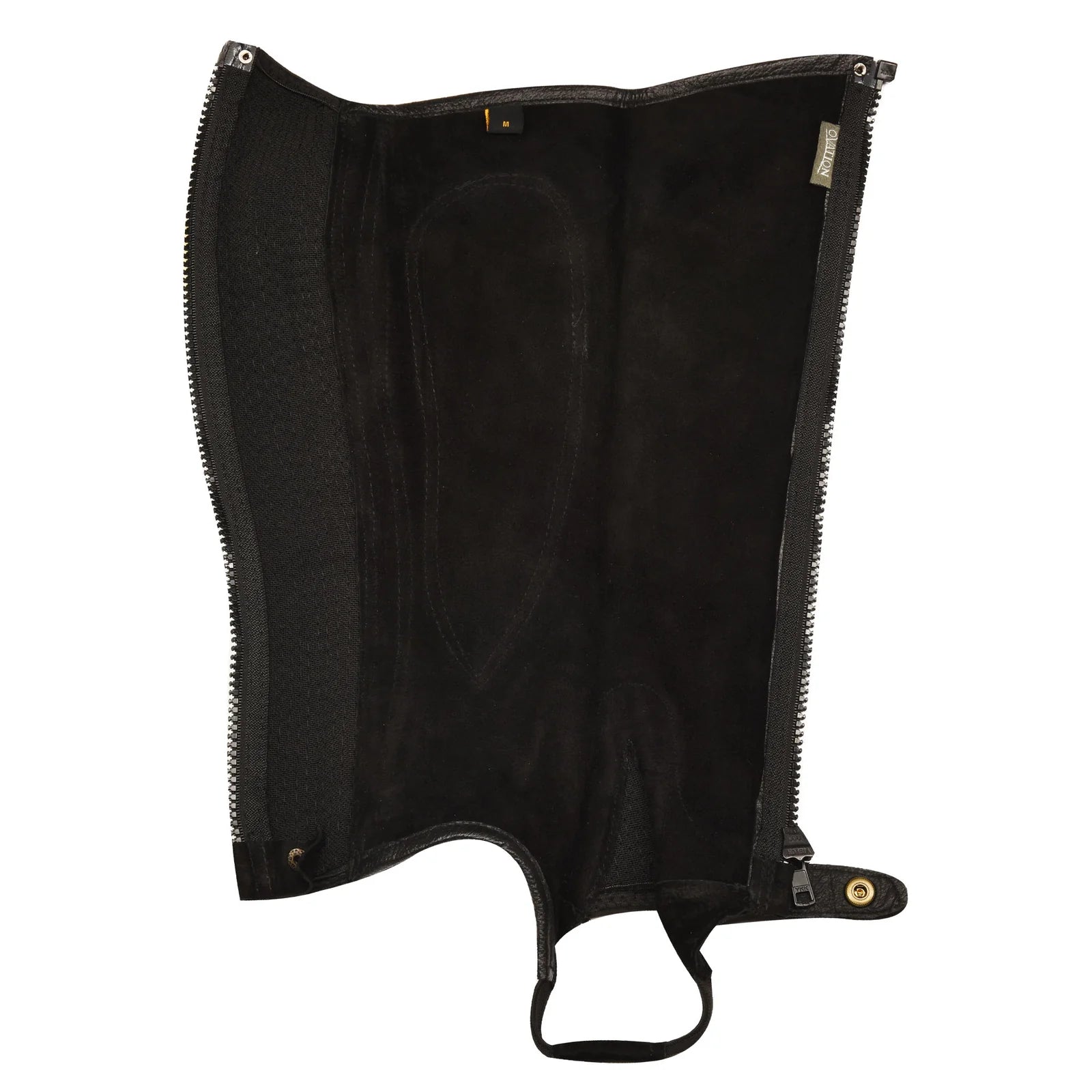 Interior view of the black Ovation Pro Suede Ribbed Half Chap on a white background