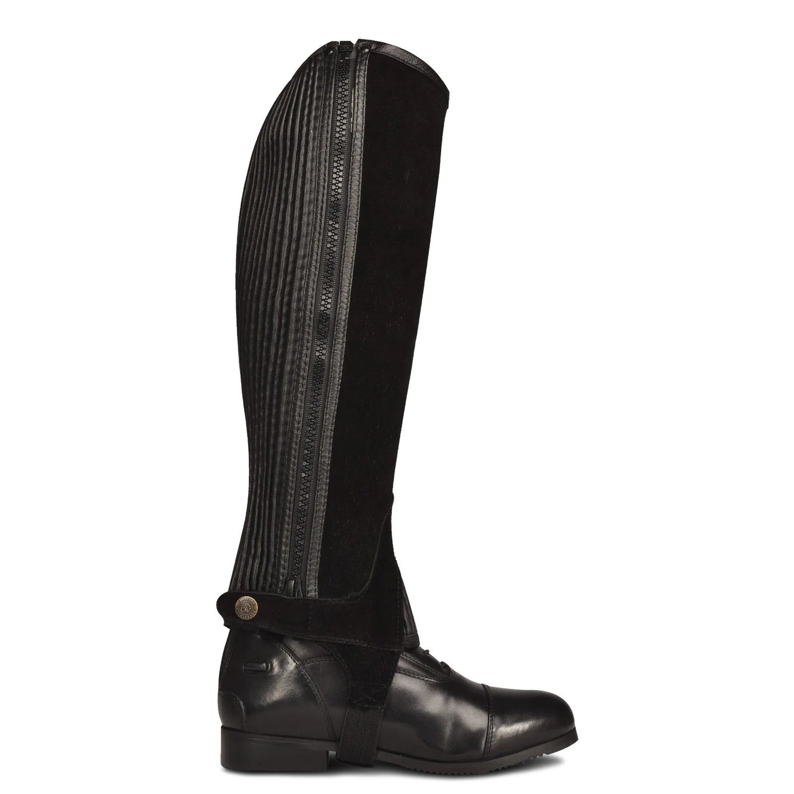 Side view of the black Ovation Pro Suede Ribbed Half Chap on a white background