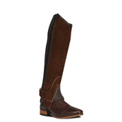 Angled front view of the brown Ovation Children's Suede Half Chap on a white background