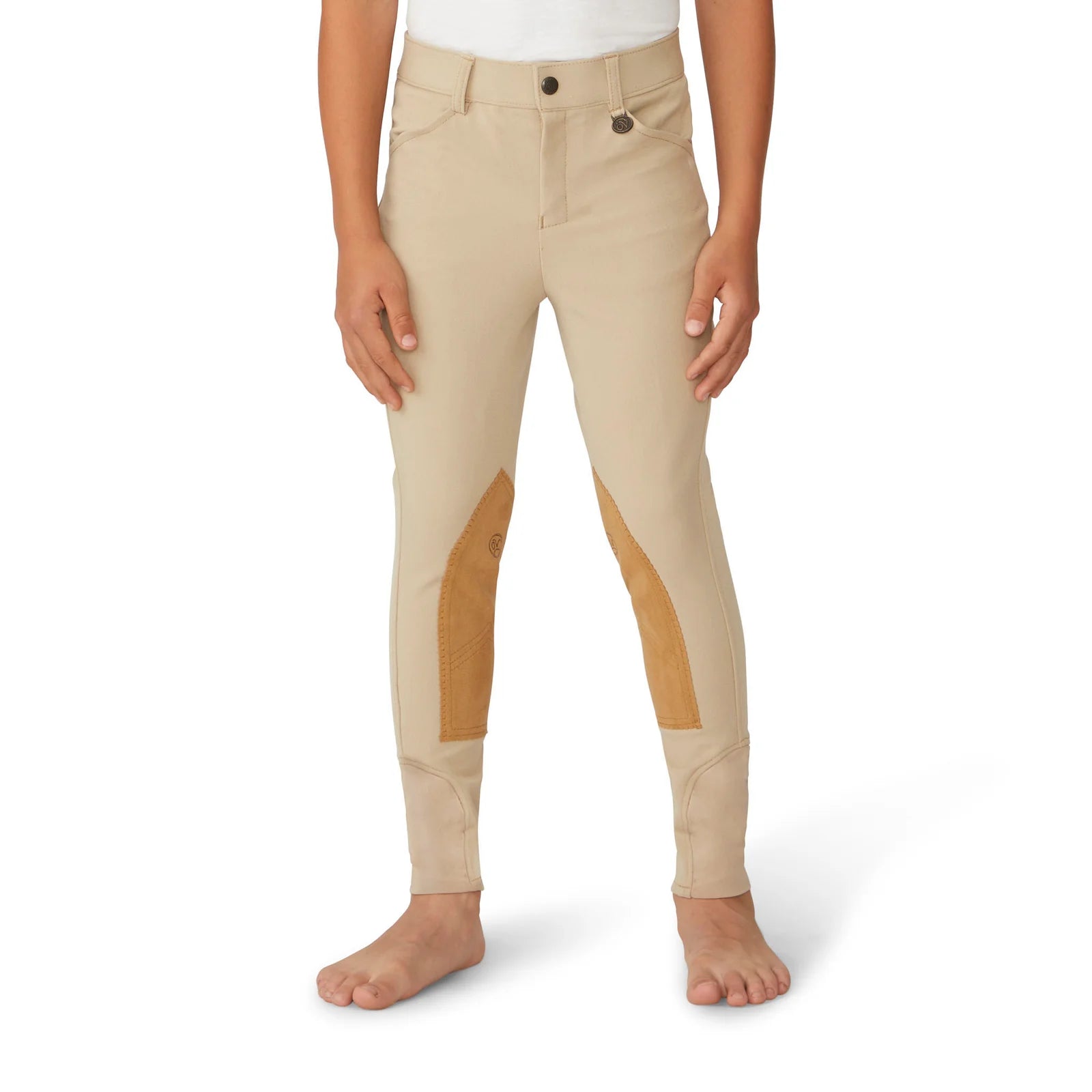Front view of a model wearing the tan Ovation Boys Classic 4-Pocket Suede Knee Patch Breech on a white background