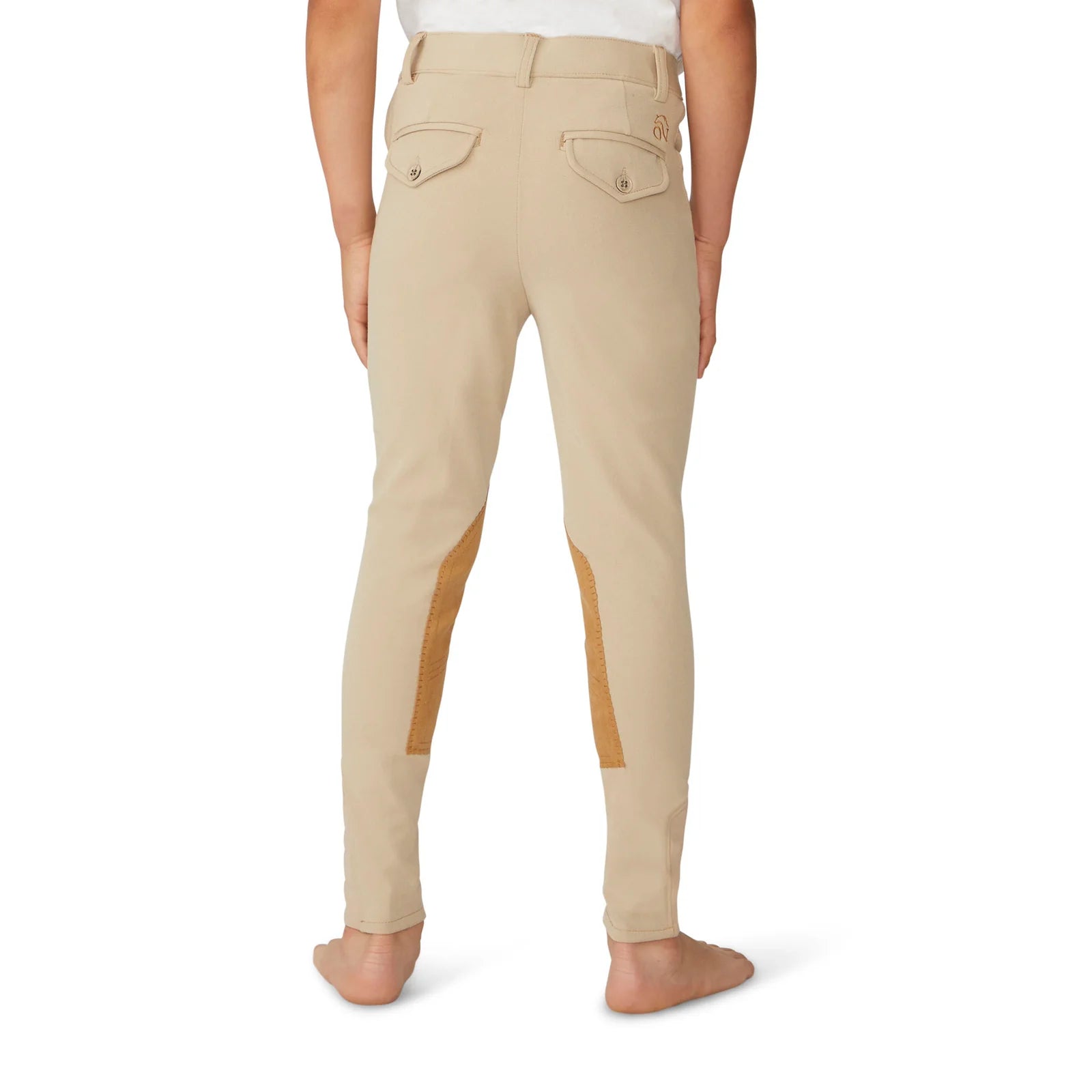 Back view of a model wearing the tan Ovation Boys Classic 4-Pocket Suede Knee Patch Breech on a white background