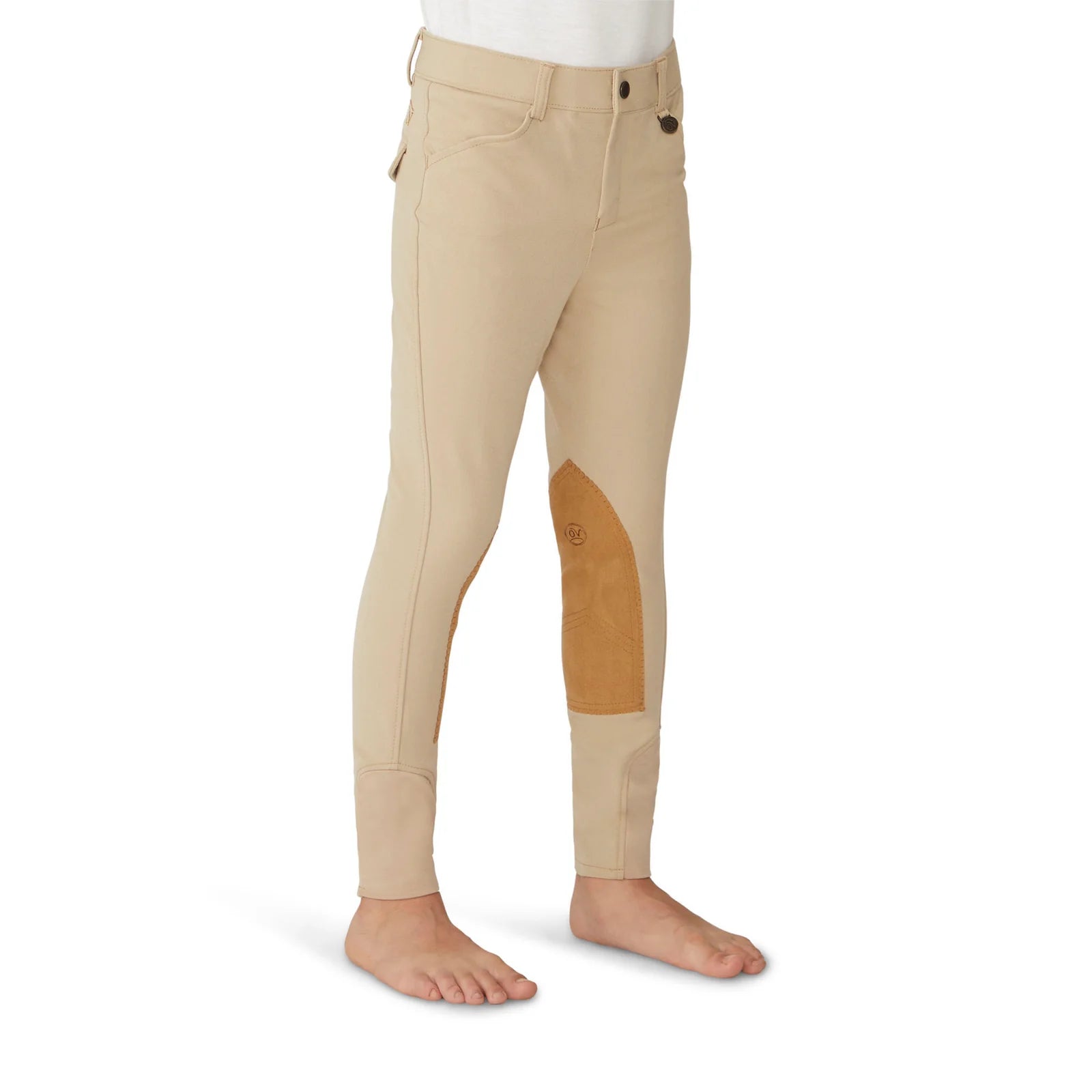 Side view of a model wearing the tan Ovation Boys Classic 4-Pocket Suede Knee Patch Breech on a white background