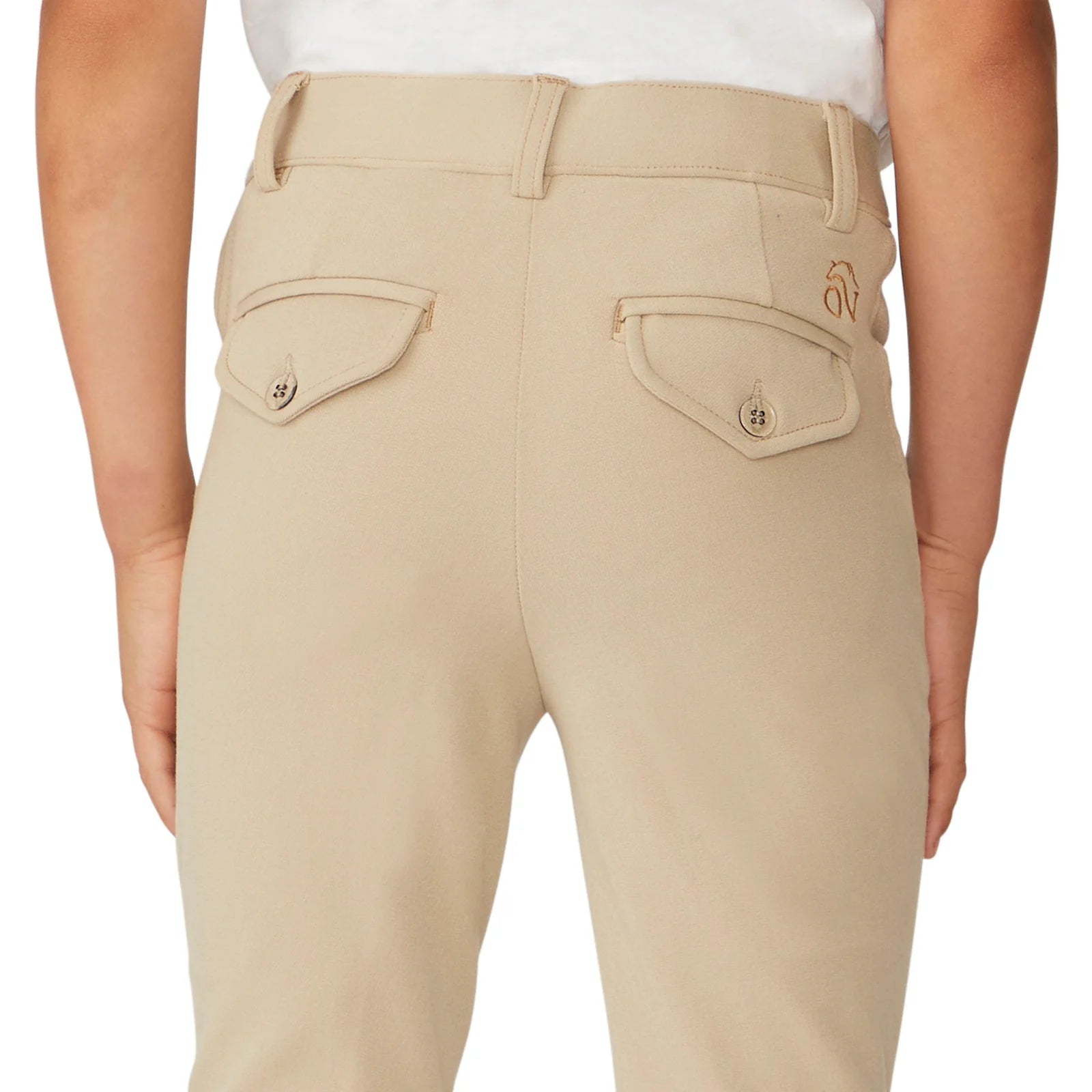 Close-up back view of a model wearing the tan Ovation Boys Classic 4-Pocket Suede Knee Patch Breech on a white background