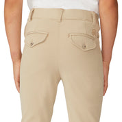 Close-up back view of a model wearing the tan Ovation Boys Classic 4-Pocket Suede Knee Patch Breech on a white background