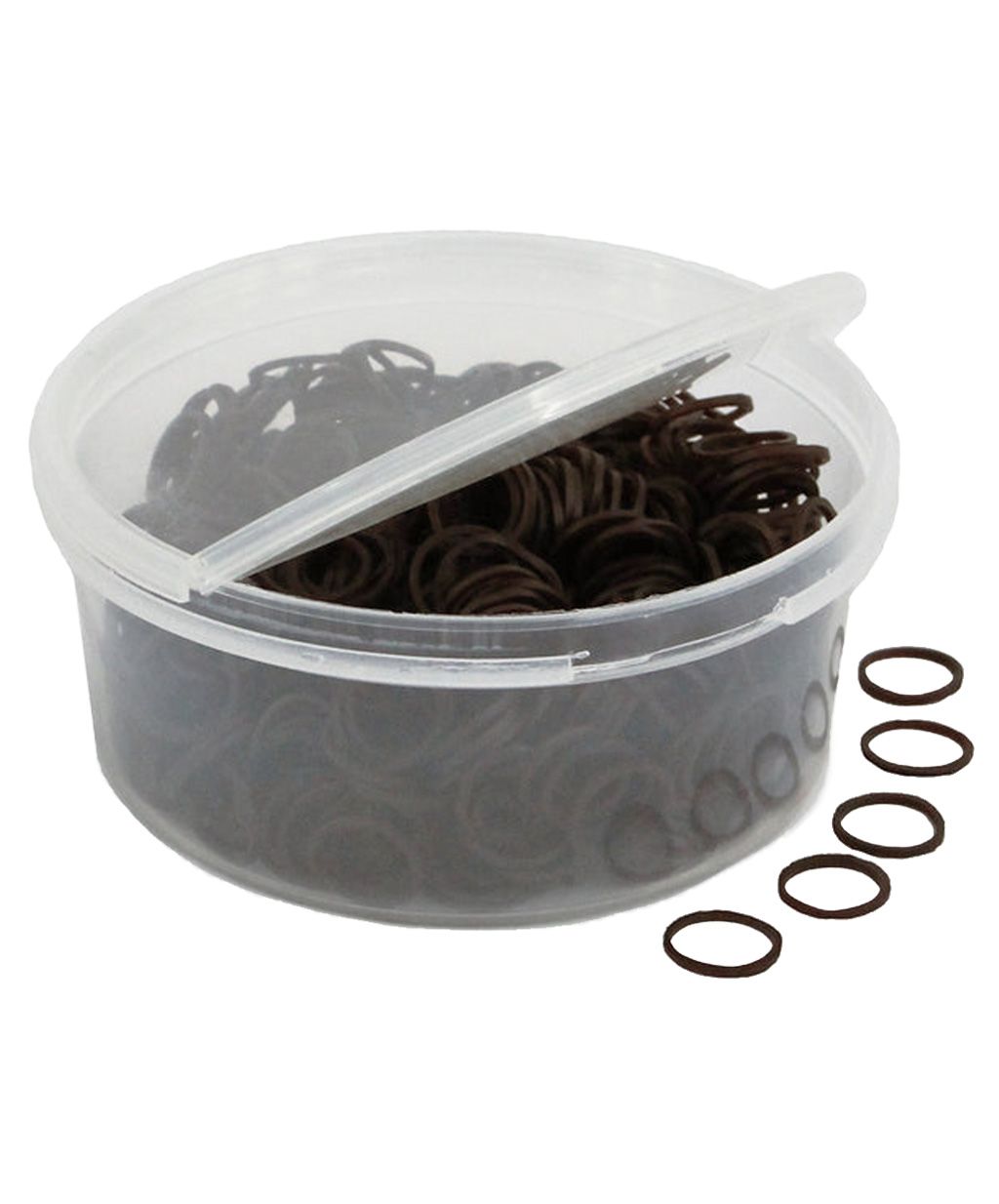 View of an open container of the Equi-Essentials Rubber Braiding Bands in brown