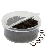 View of an open container of the Equi-Essentials Rubber Braiding Bands in brown