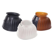 View of a black, a white, and a gum Equi-Essentials EQComposite Velcro Ribbed Bell Boot on a white background