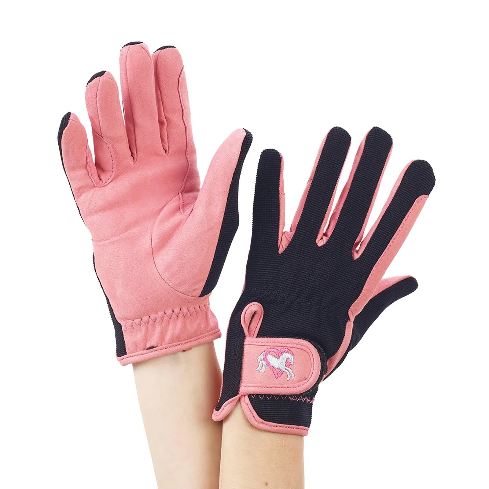 Front and back views of the pink Ovation Hearts and Horses Riding Gloves on a white background