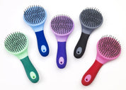 Equi Essentials Soft Touch mane and tail brush with rubberized handle and metal bristles, shown in assorted colors