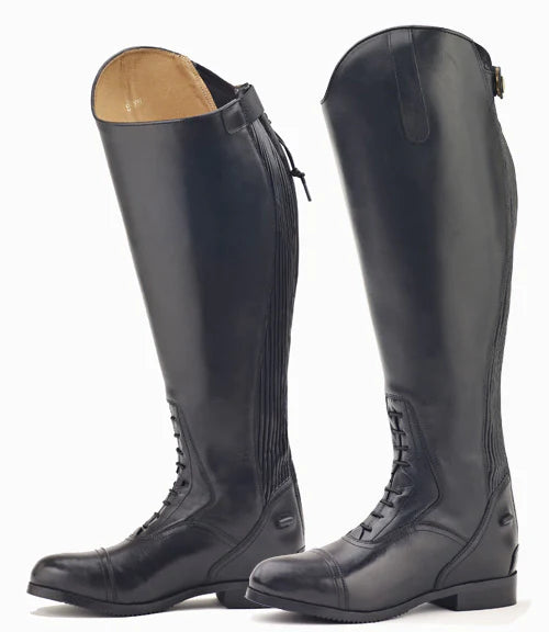 Exterior and interior side views of a paid of Ovation Flex Plus Field Boots on a plain background