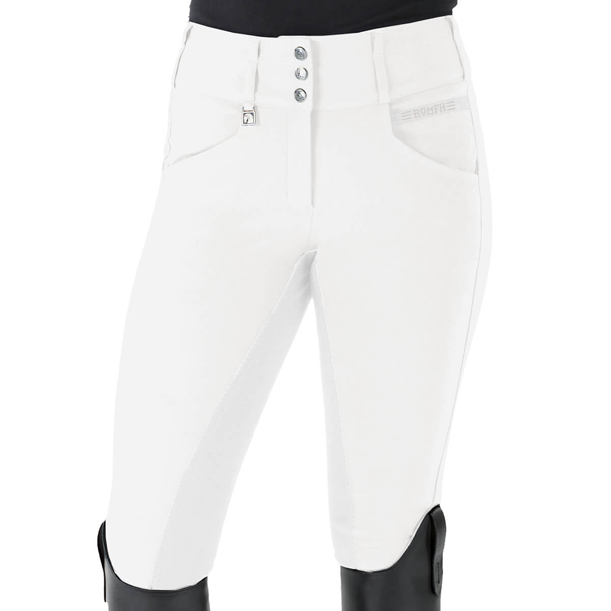 Front view of a model wearing the white Romfh Champion Full Seat Breech on a white background