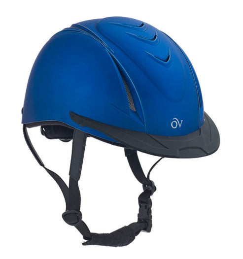 Angled front view of the Blue Ovation Metallic Schooler Helmet on a white background