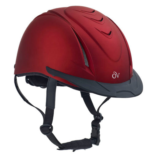 Angled front view of the Red Ovation Metallic Schooler Helmet on a white background