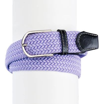 Front view of the lilac Ovation Braided Stretch Belt wrapped around a white cylinder on a white background