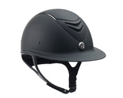 Angled front view of the Chrome Stripe One K Defender AVANCE Wide Brim Defender Helmet on a white background