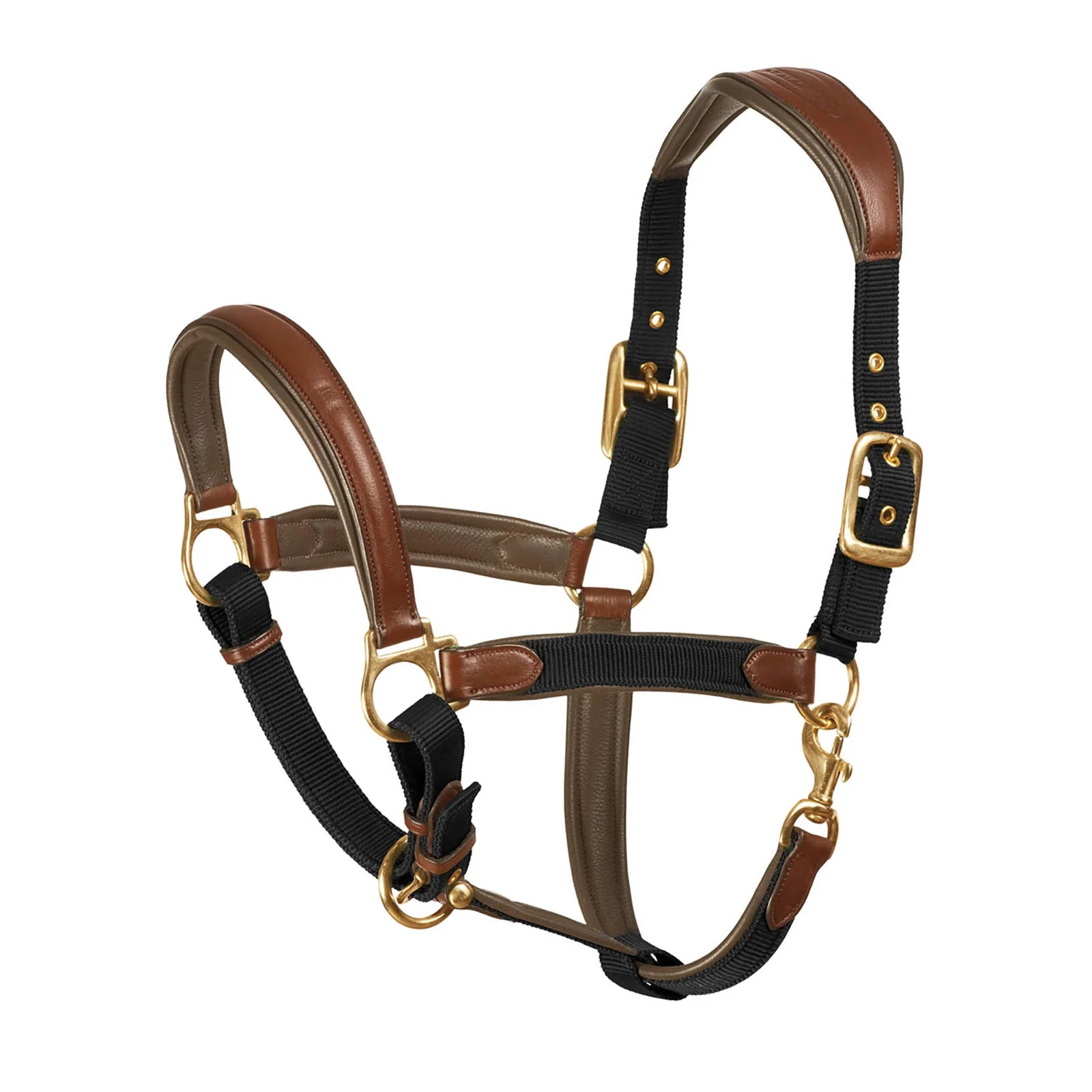 Side view of the black/brown Ovation Luxor Cushion-Flex Halter on a white background