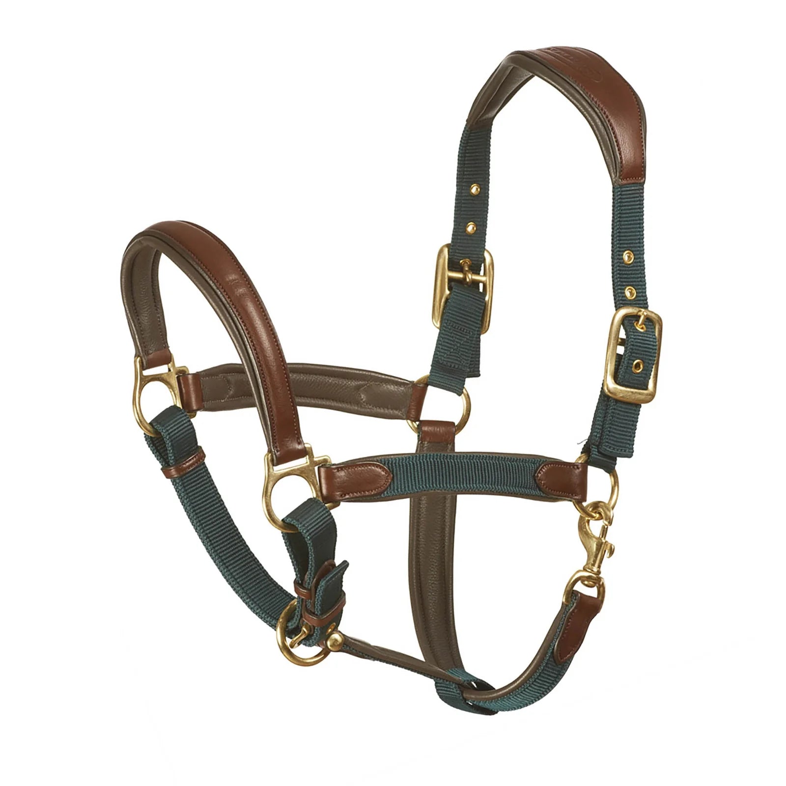 Side view of the green/brown Ovation Luxor Cushion-Flex Halter on a white background