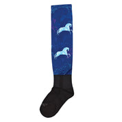 Ovation PerformerZ Boot Sock with blue leg featuring horse pattern and black foot