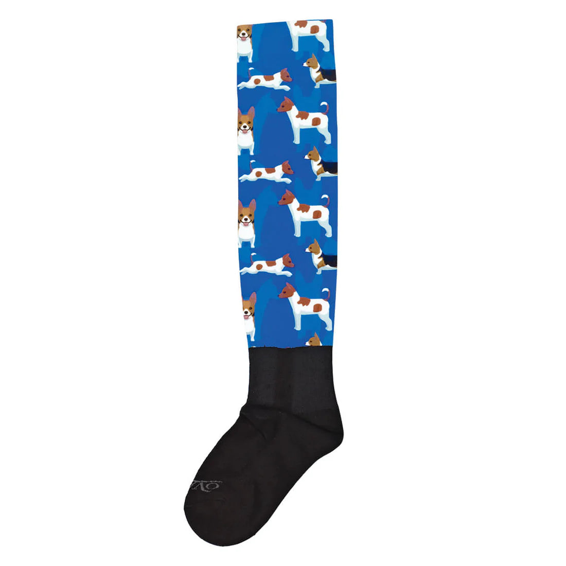 Ovation PerformerZ Boot Sock with blue leg featuring dog pattern and black foot